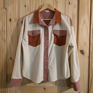 VOY Retro Corduroy Colorblock Button-Up Shacket Shirt Jacket